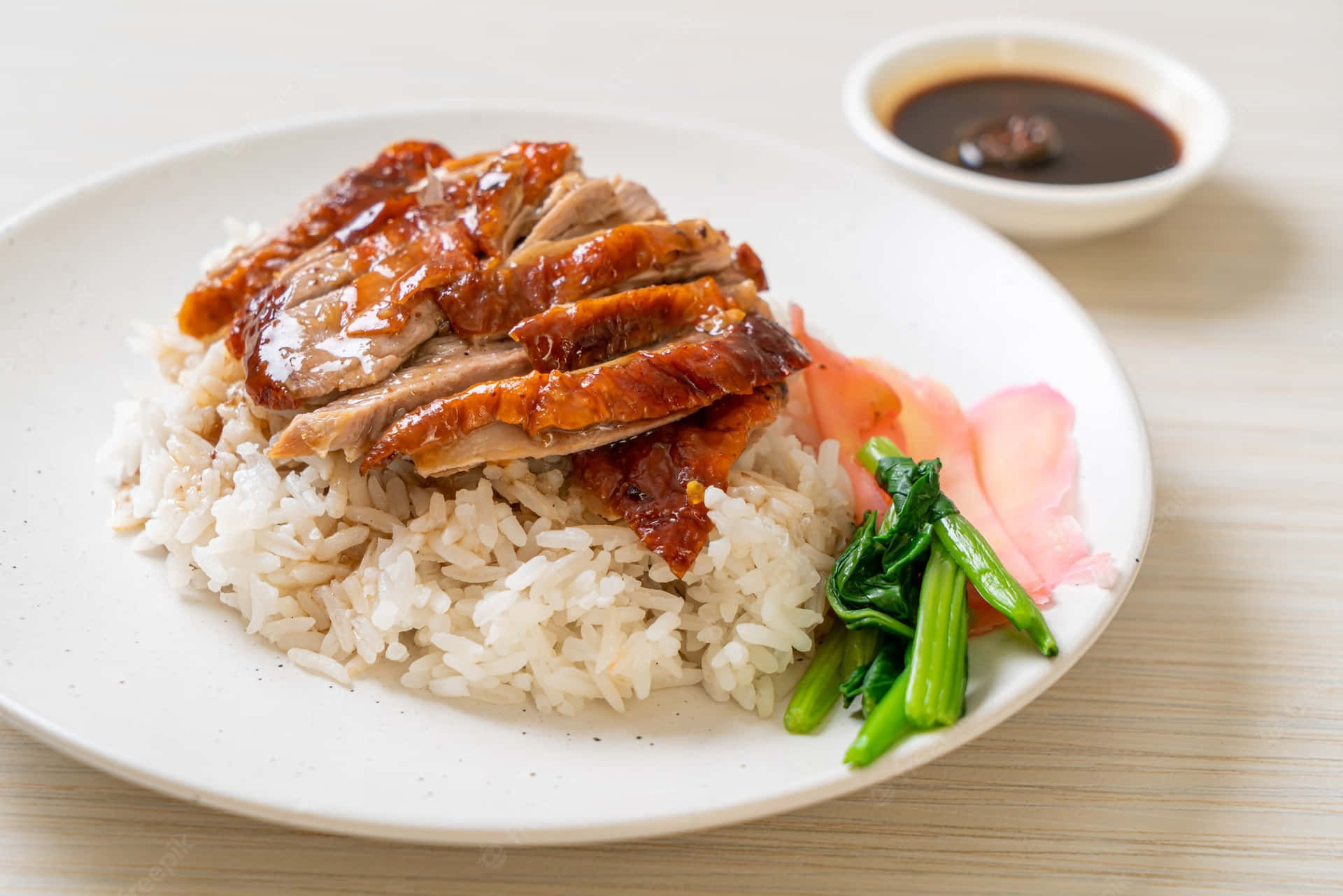 Caption: Delectable Singaporean Barbeque Roasted Duck Rice Background