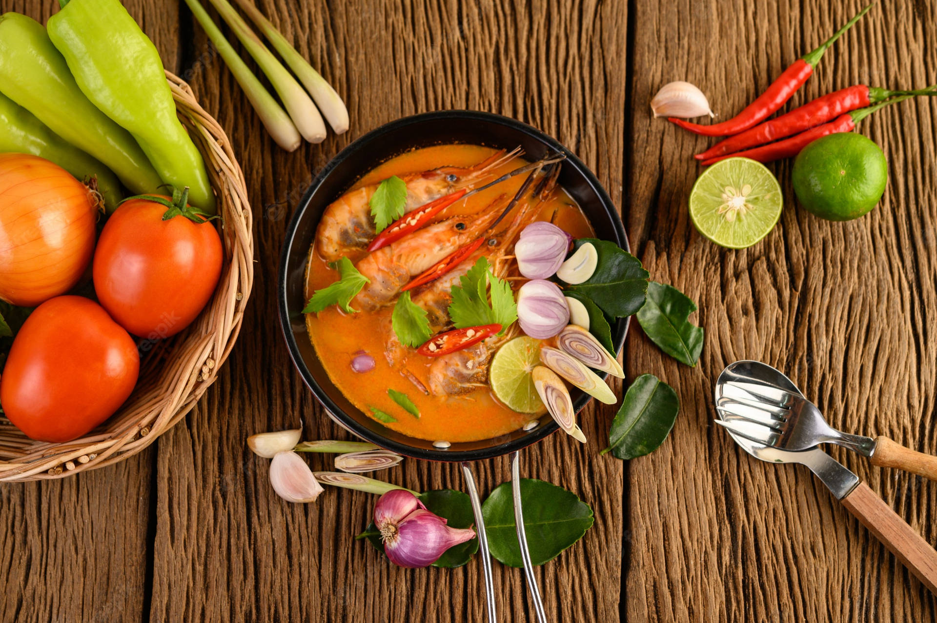 Caption: Delectable Thai Cuisine - Tom Yum Soup Background