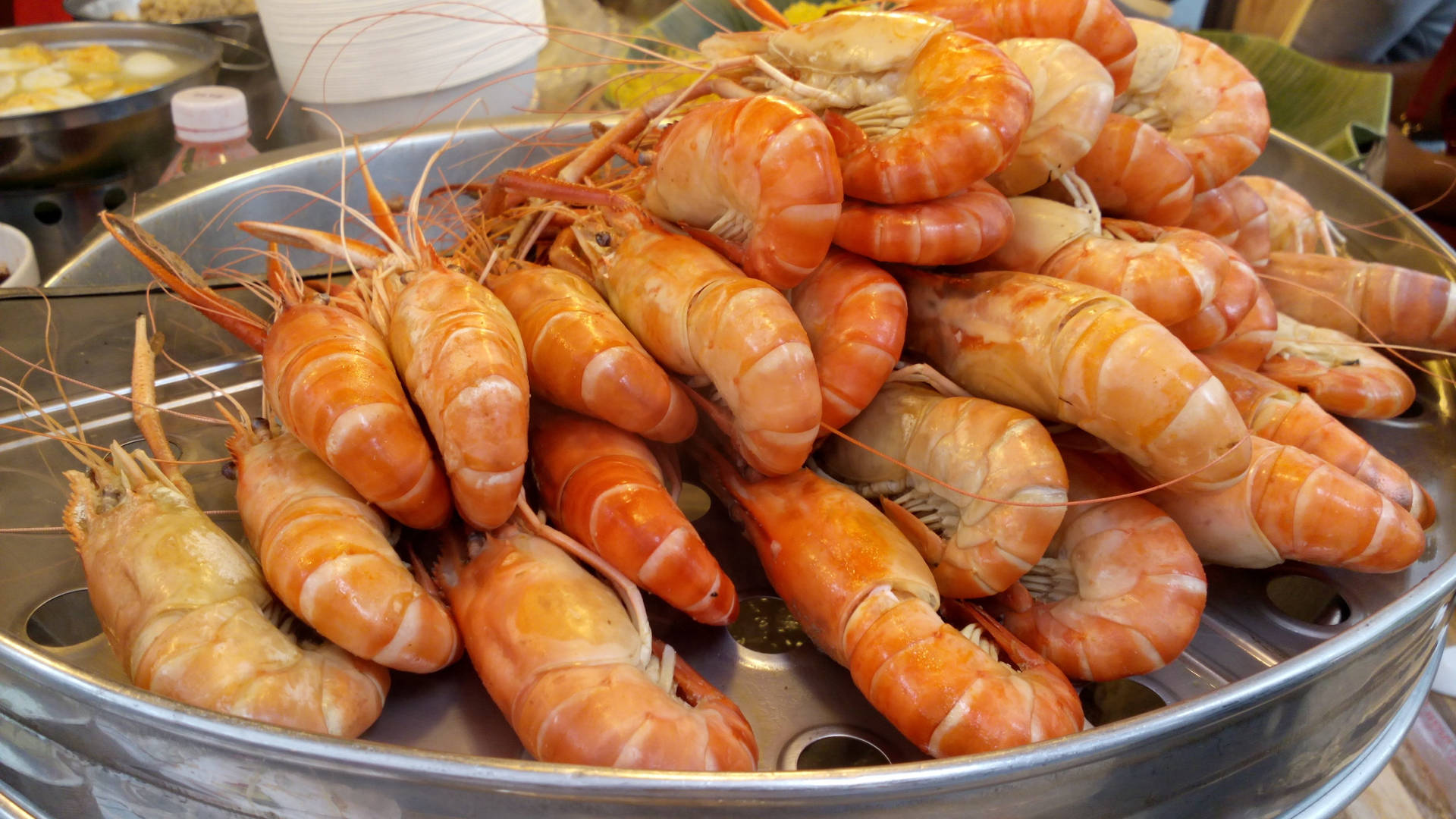 Caption: Delicious Steamed Prawns In Aluminum Container