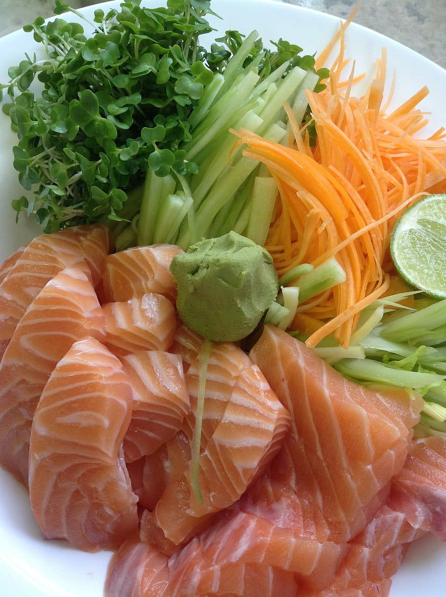 Caption: Delightful Salmon Sashimi Platter With Fresh Veggie Accents. Background