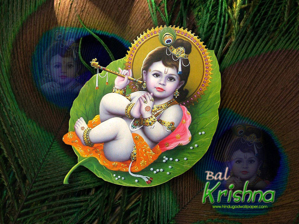 Caption: Divine Bal Krishna Resting On A Peepal Leaf Background