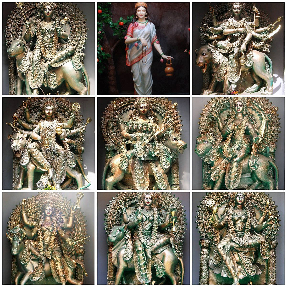 Caption: Divine Ensemble Of Nav Durga Statues Background