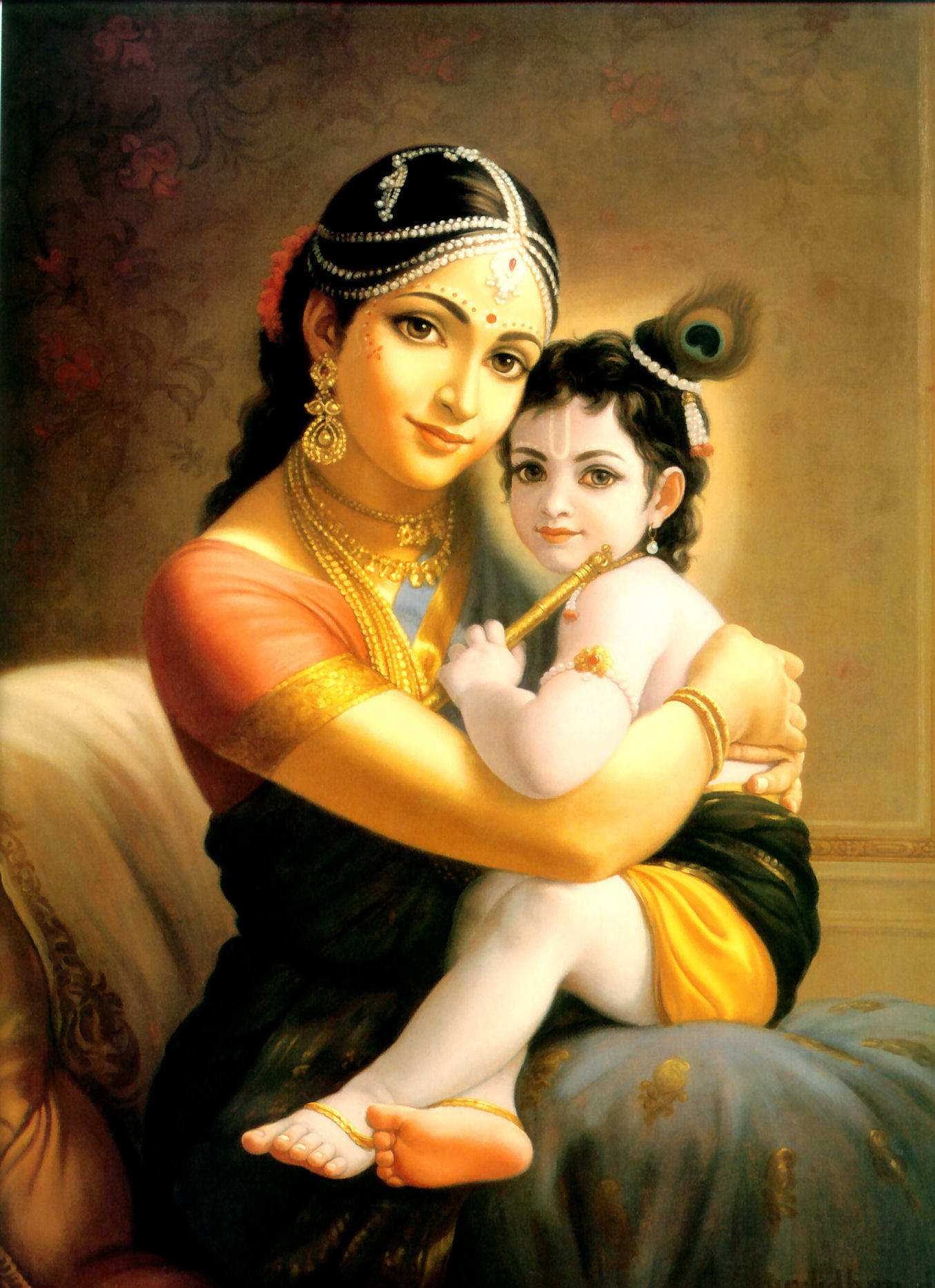 Caption: Divine Interaction - Krishna On Phone Background