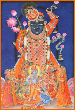 Caption: Divine Radiance Of Shrinathji And Yamunaji Background
