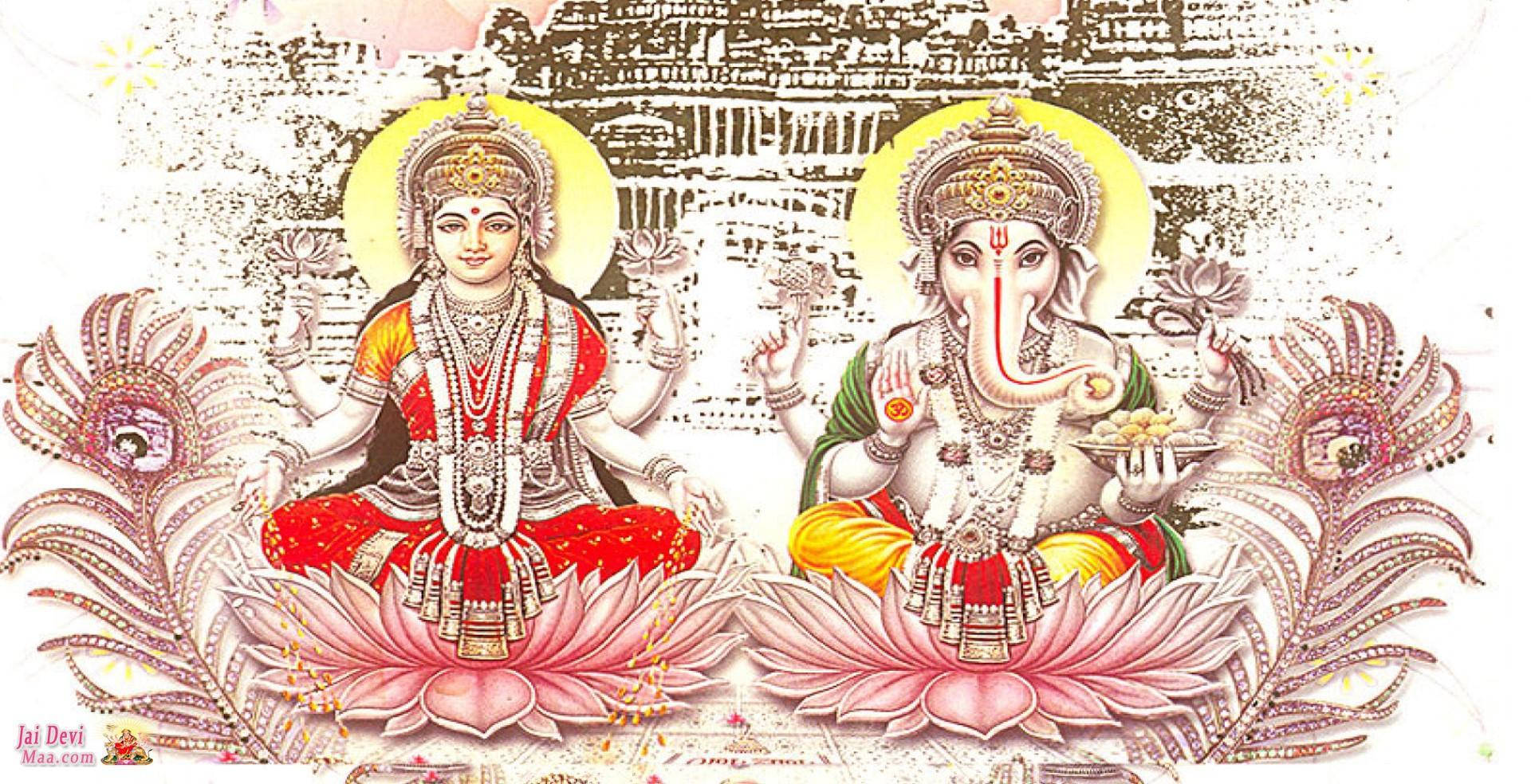 Caption: Divine Representation Of Goddess Mahalakshmi With Lord Ganesha Background