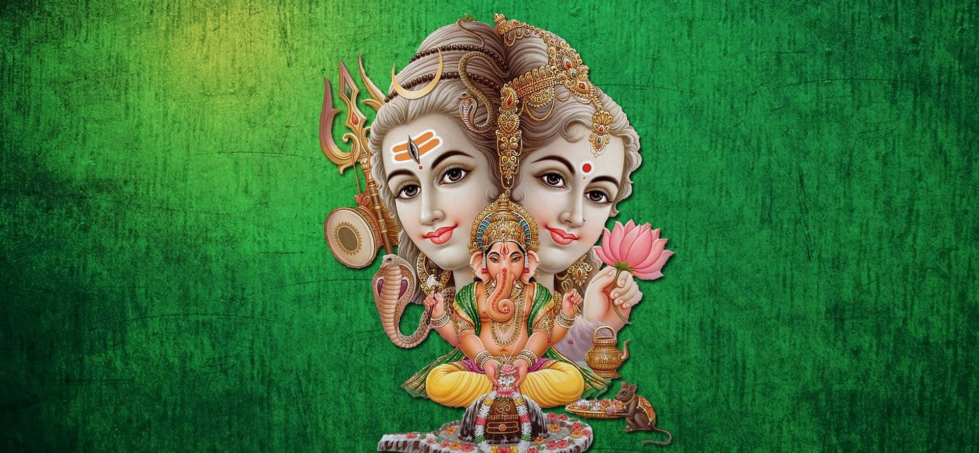 Caption: Divine Trinity - Laxmi, Ganesh, Saraswati In Dark Green Background Background