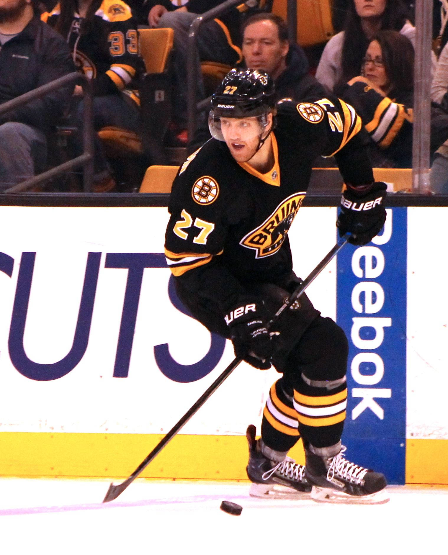 Caption: Dougie Hamilton In Action For Boston Bruins Against Anaheim Ducks Background