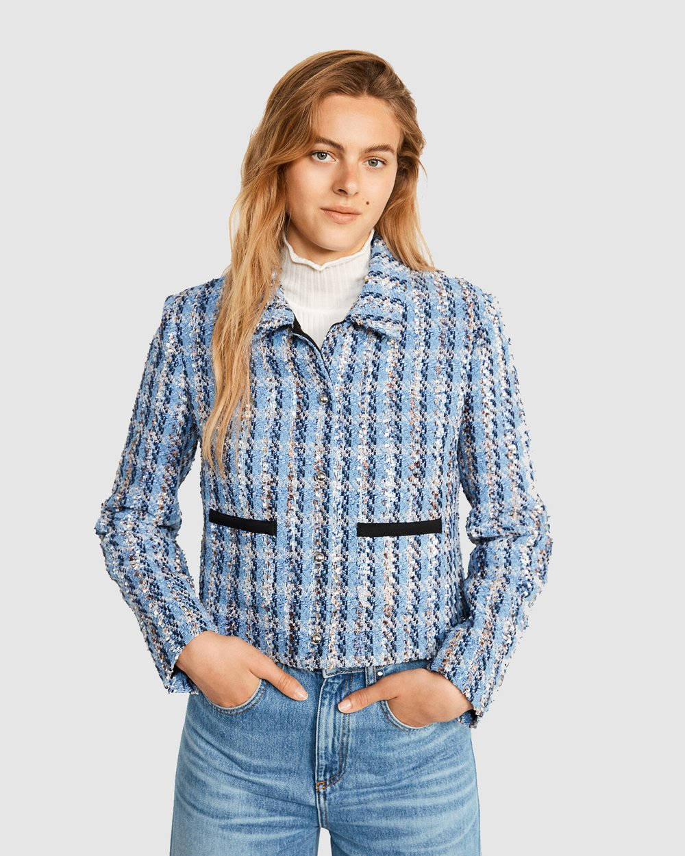 Caption: Elegance Meets Style - Claudie Pierlot Blue Tweed Jacket Background