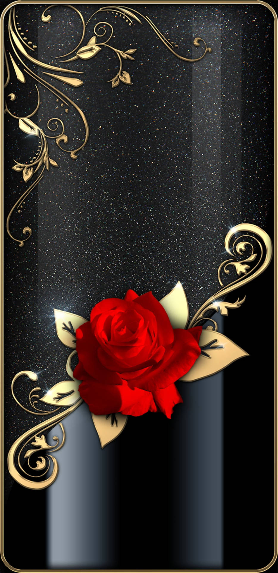 Caption: Elegant Black And Gold Iphone Adorned With A Stunning Red Rose Background