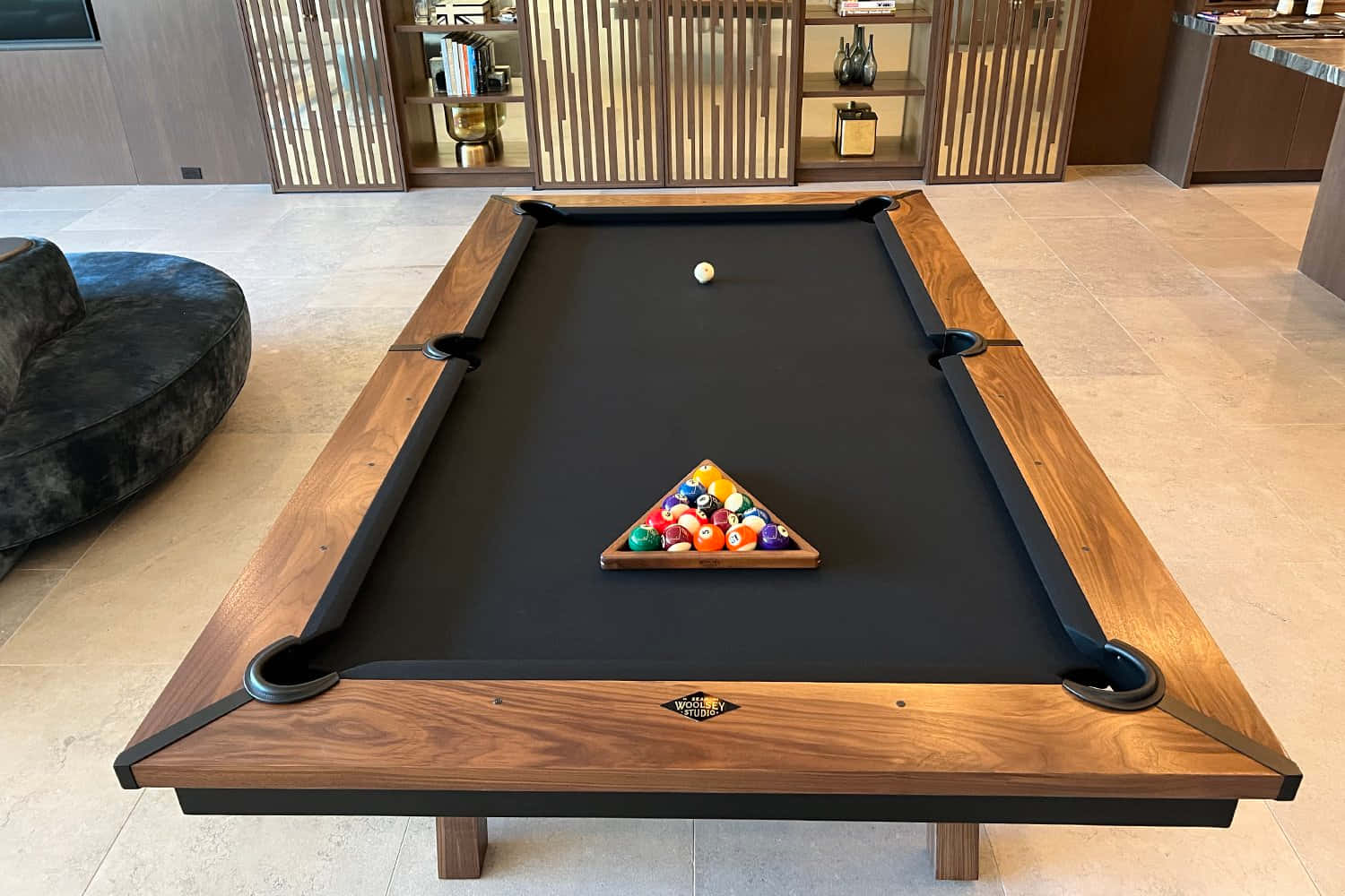 Caption: Elegant Black Wooden Pool Table Background