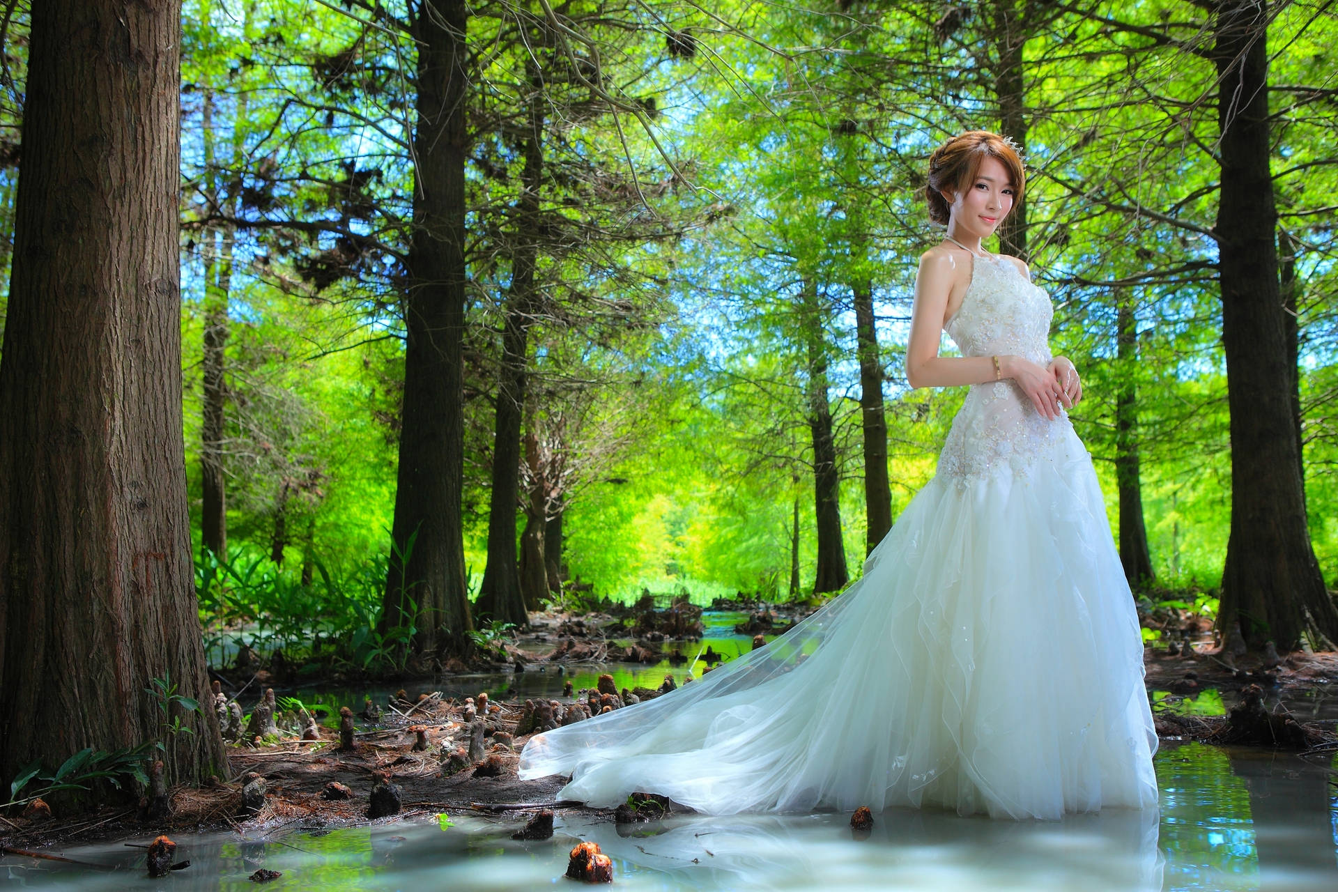 Caption: Elegant Bride In A Beautiful Wedding Gown Background