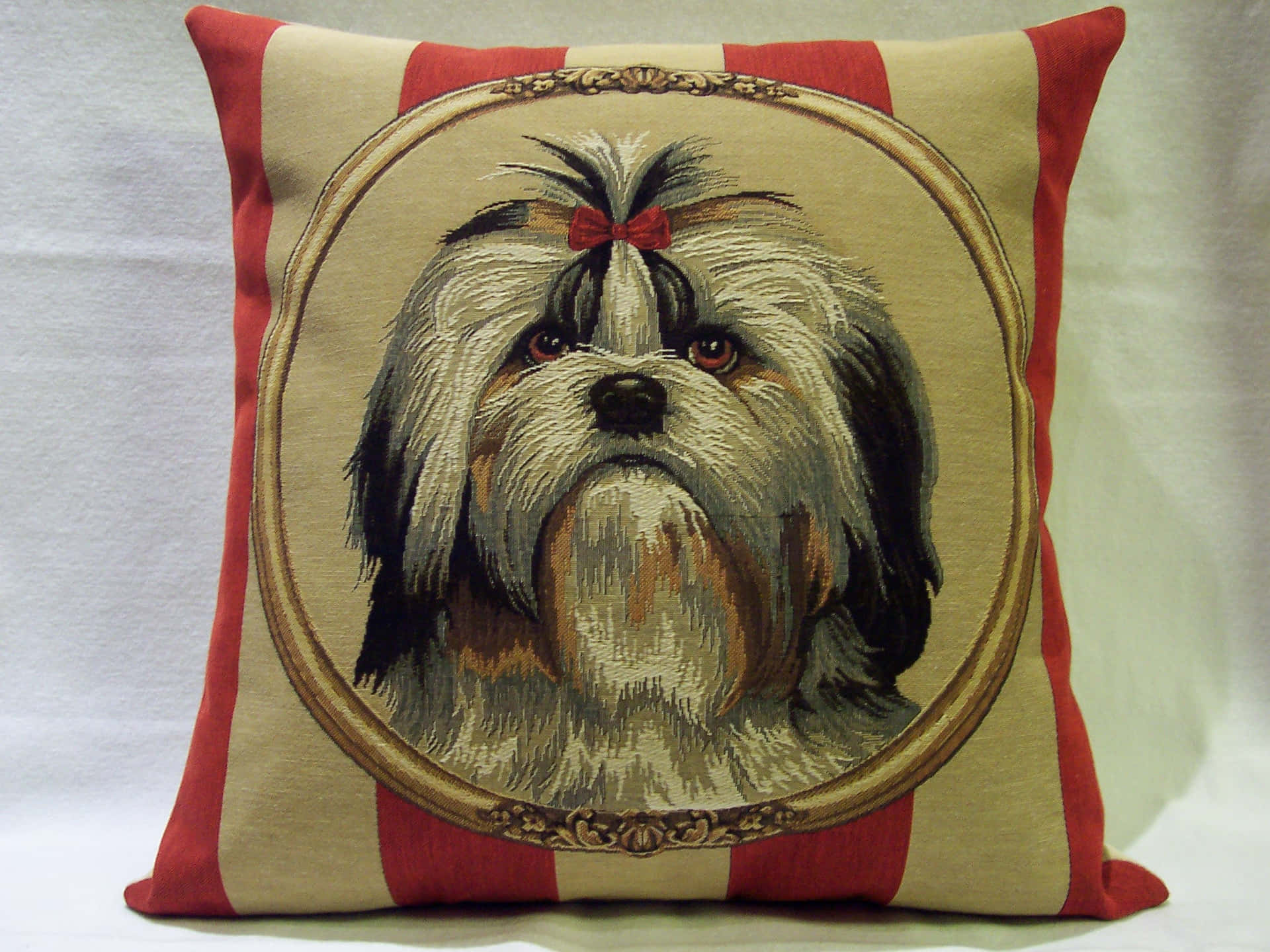 Caption: Elegant Embroidered Shih Tzu Pillow Background