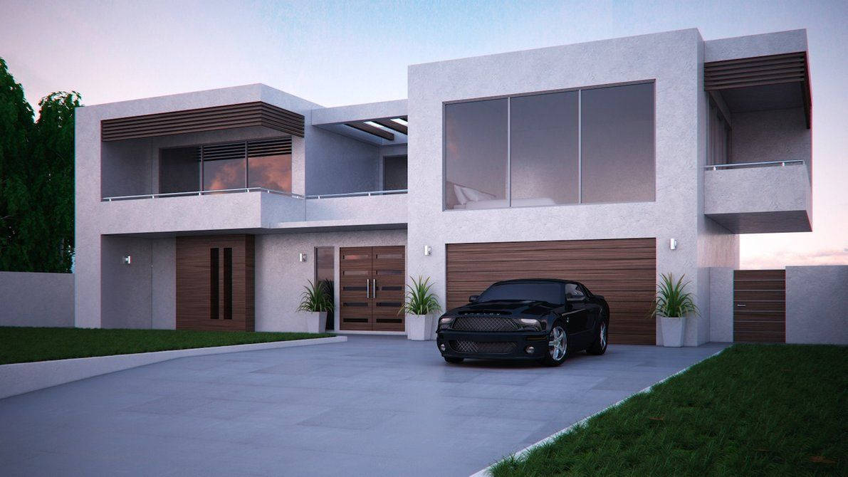 Caption: Elegant Modern House With Sleek Black Car