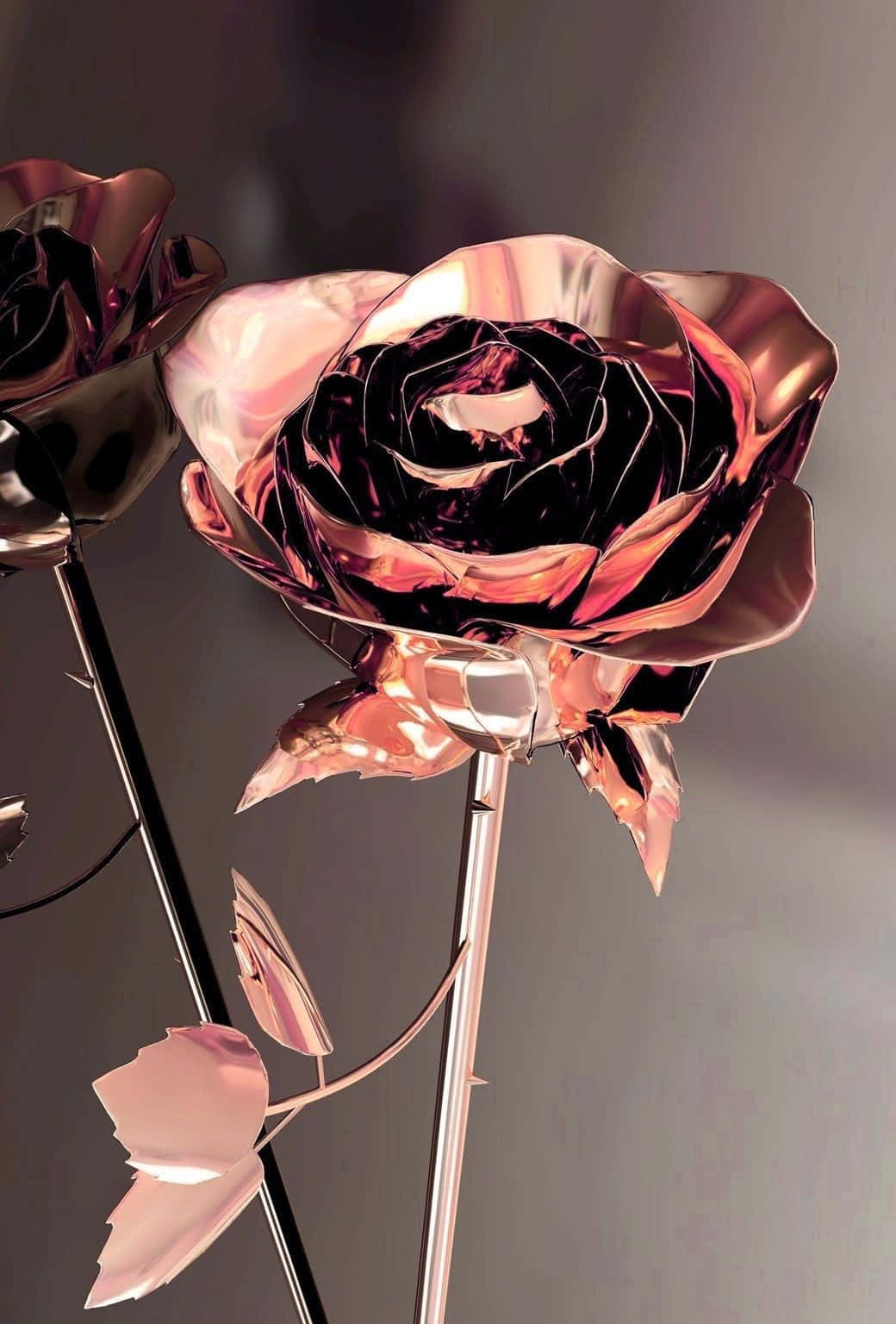 Caption: Elegant Rose Gold Phone Featuring Metallic Rose Flower Design Background