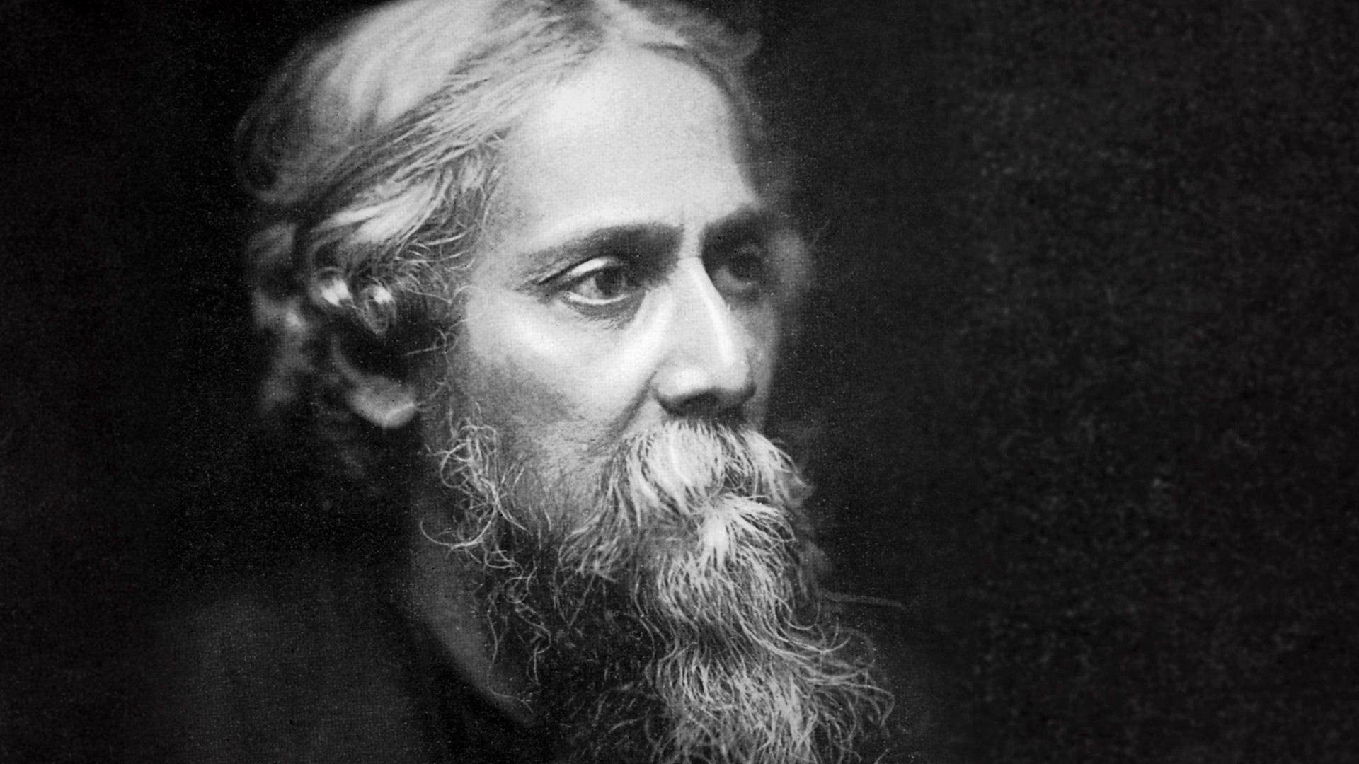 Caption: Emotive Black And White Portrait Of Rabindranath Tagore Background