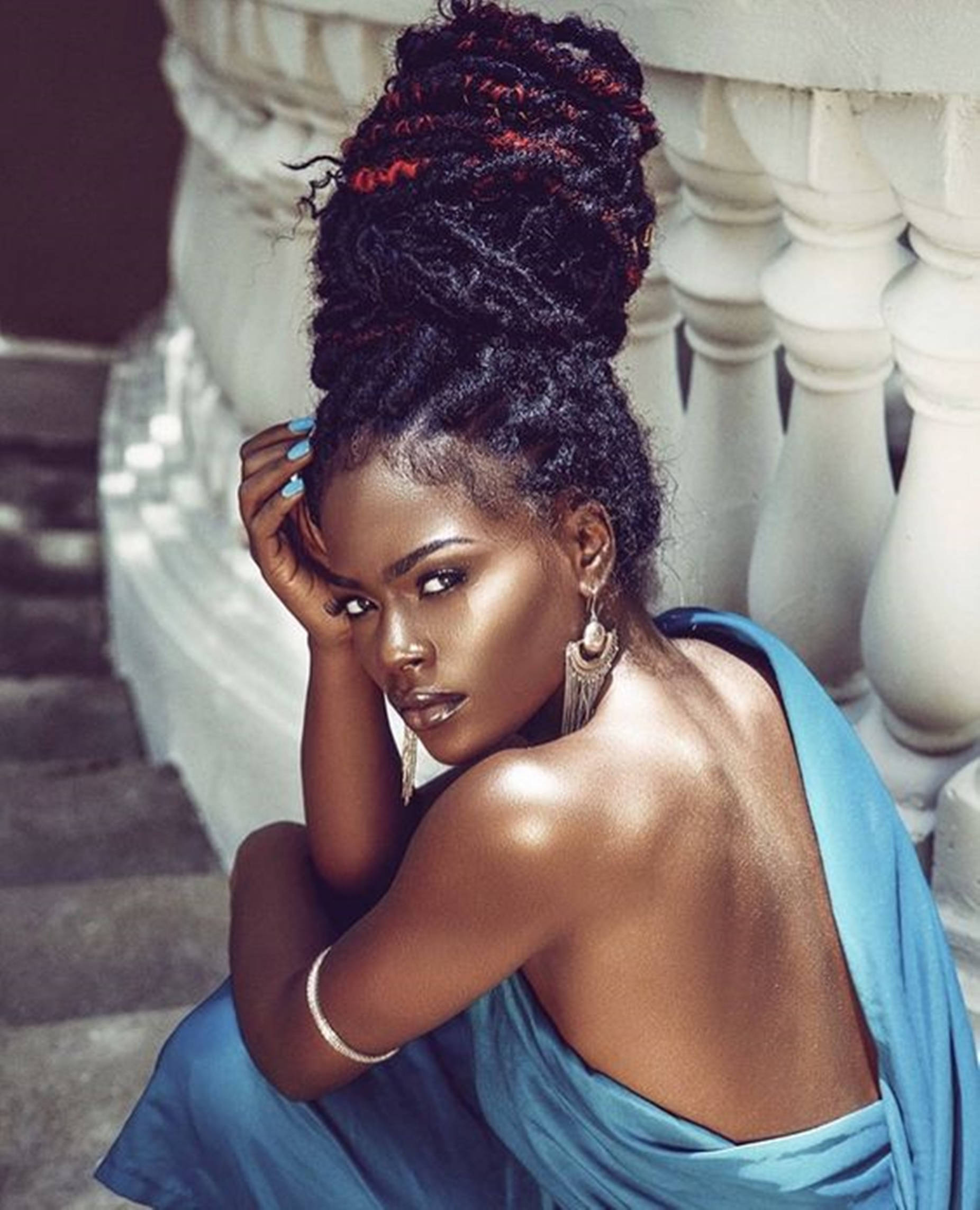 Caption: Empowered Elegance - Beautiful Black Woman In Blue Attire Background