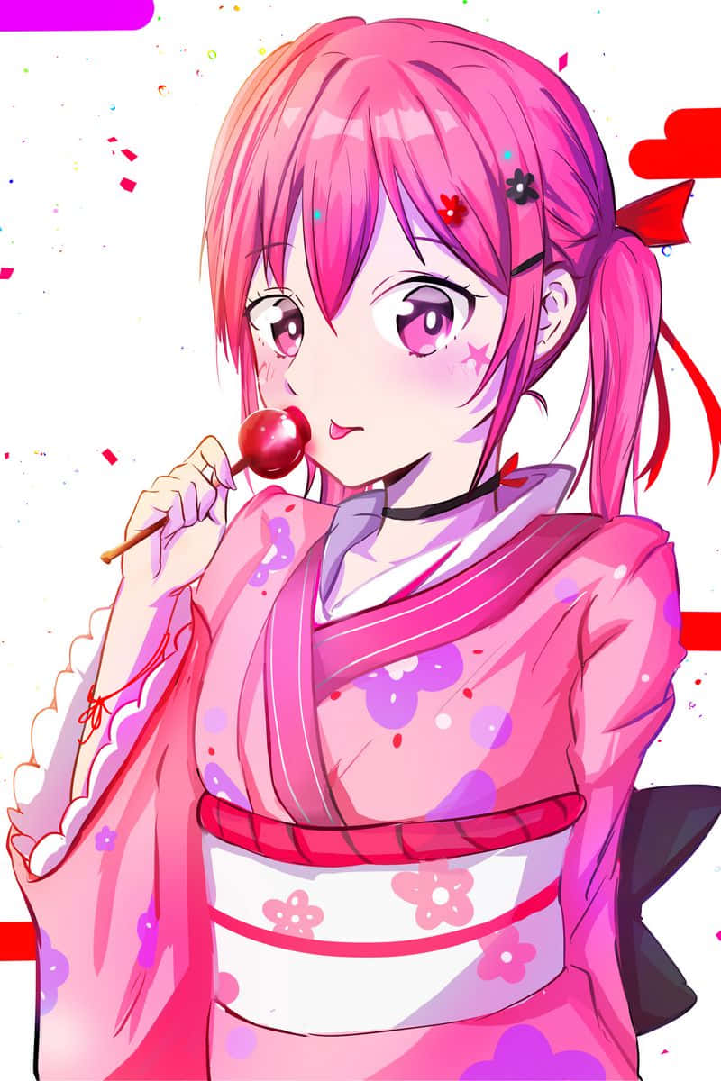 Caption: Enchanting Anime Girl With Pink Lollipop Background