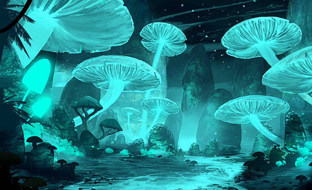 Caption: Enchanting Blue Mushroom Painting Background