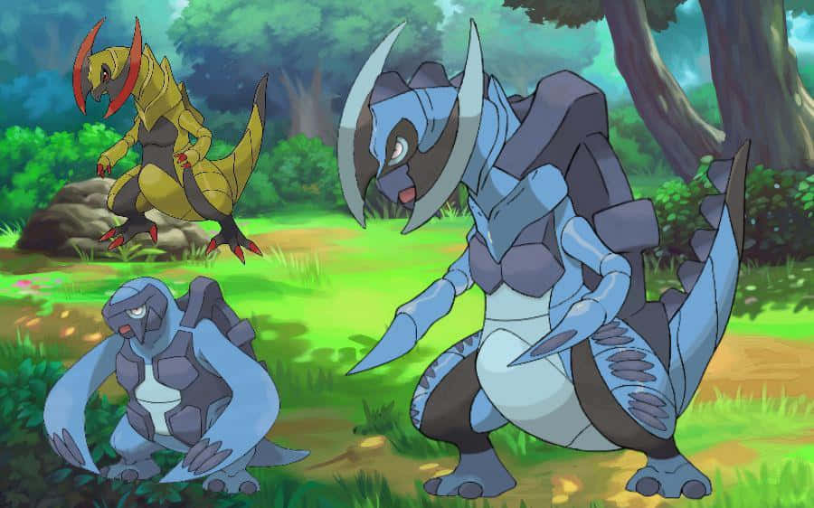 Caption: Epic Battle Between Carracosta And Haxorus In Pokémon Background