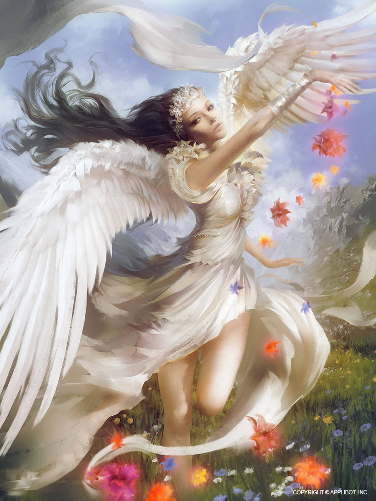 Caption: Ethereal Beauty - Stunning Angels Amongst Blooms Background