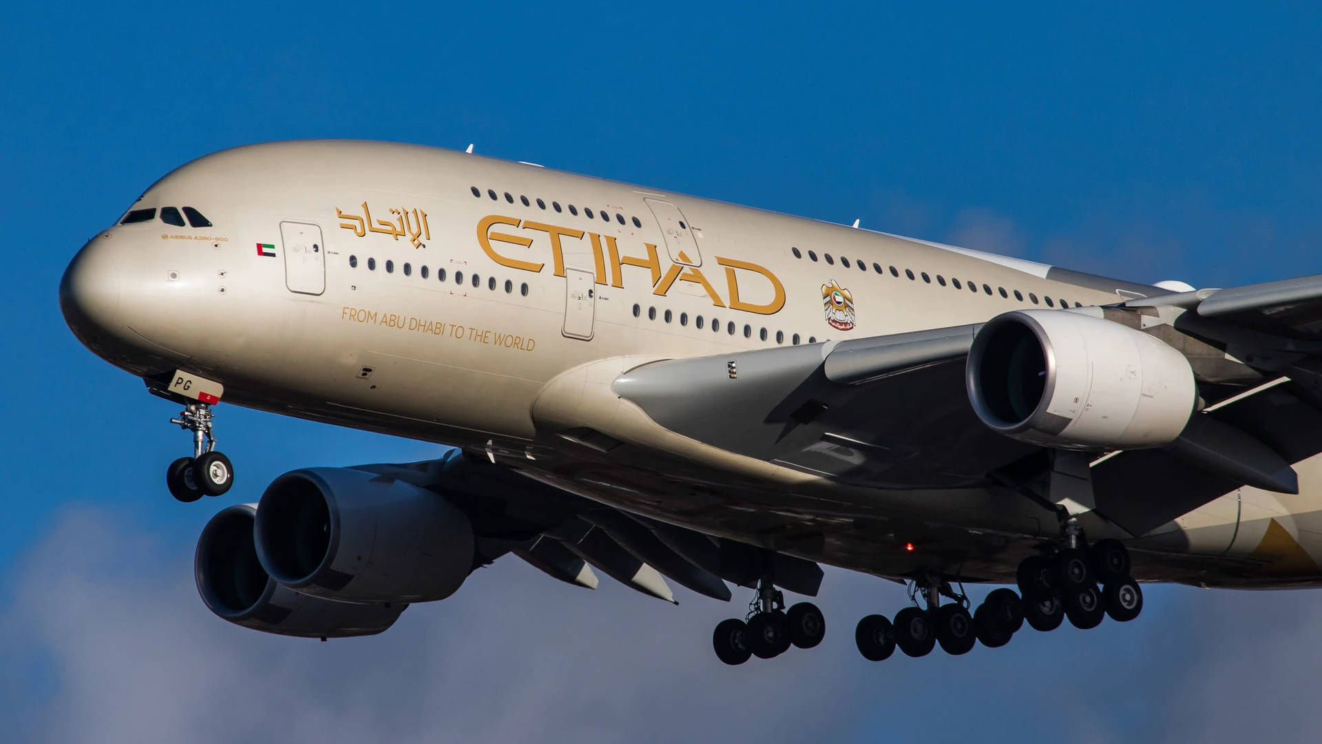 Caption: Etihad Airways Plane Soaring In The Sky Background