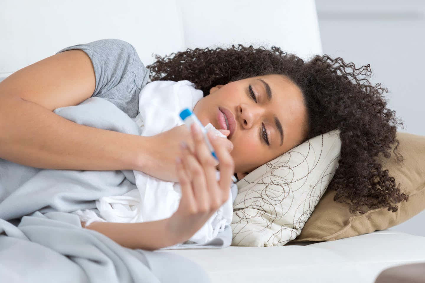 Caption: Exhausted Woman Struggling With Nausea