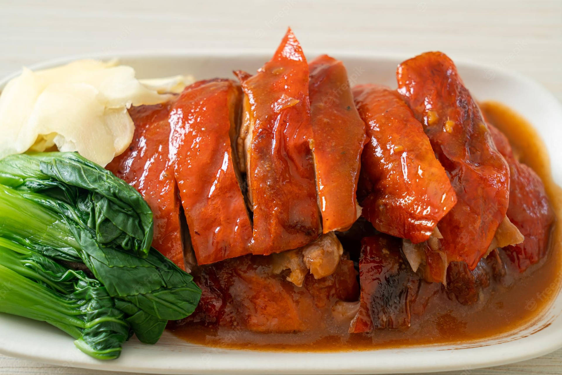 Caption: Exquisite Peking Duck Dish Served With Baby Bok Choy Background