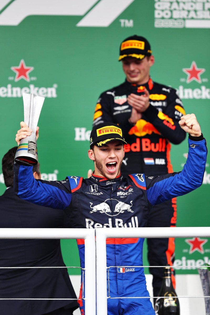 Caption: F1 Driver Pierre Gasly Celebrating Victory Background