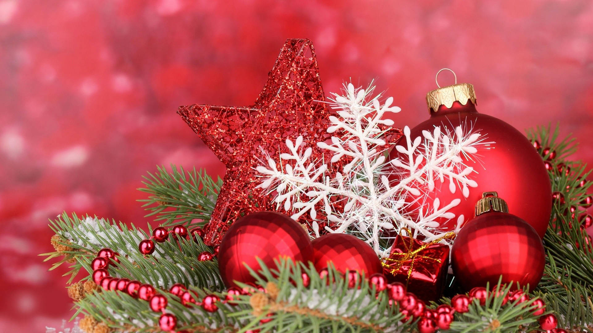 Caption: Festive Christmas Desktop With Red Ornaments Background