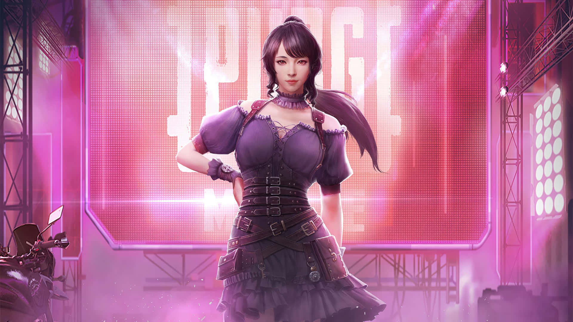 Caption: Fierce Pubg Gamer Girl With Purple Hair Background