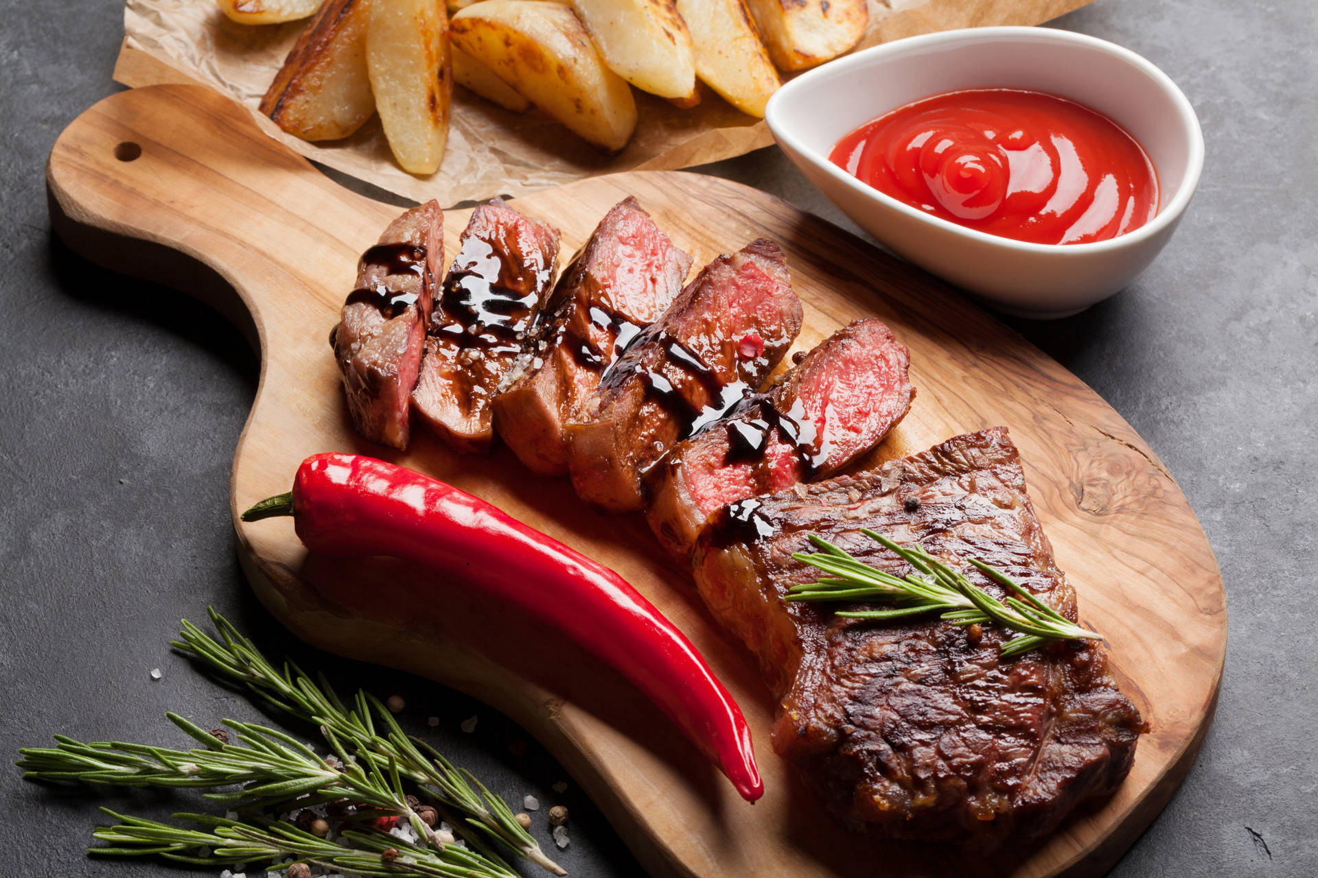 Caption: Fresh Grilled Meat Striploin With Spicy Chili Sauce Background