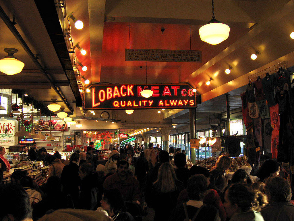 Caption: Fresh Meat Display At Loback's, Pike Place Market Background