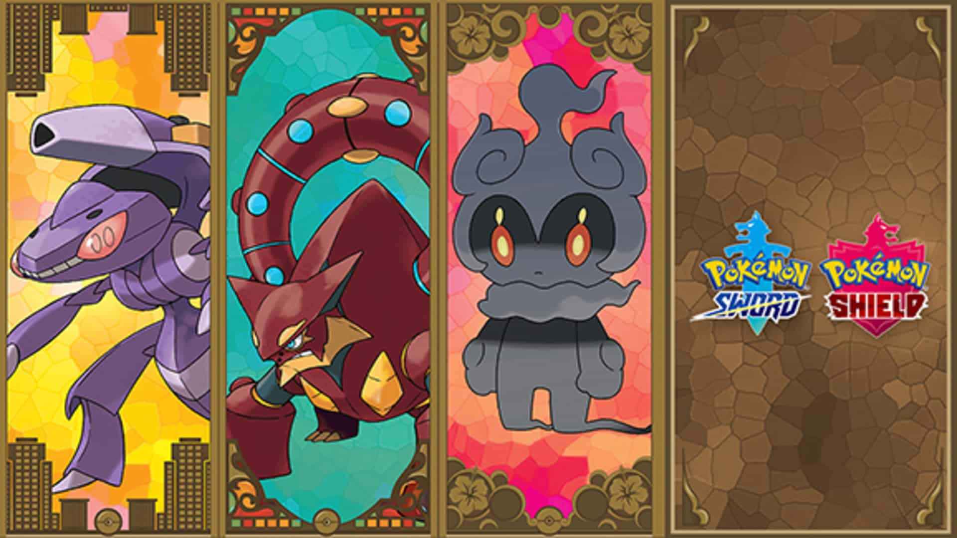 Caption: Genesect Engaged In Battle With Volcanion And Marshadow Background