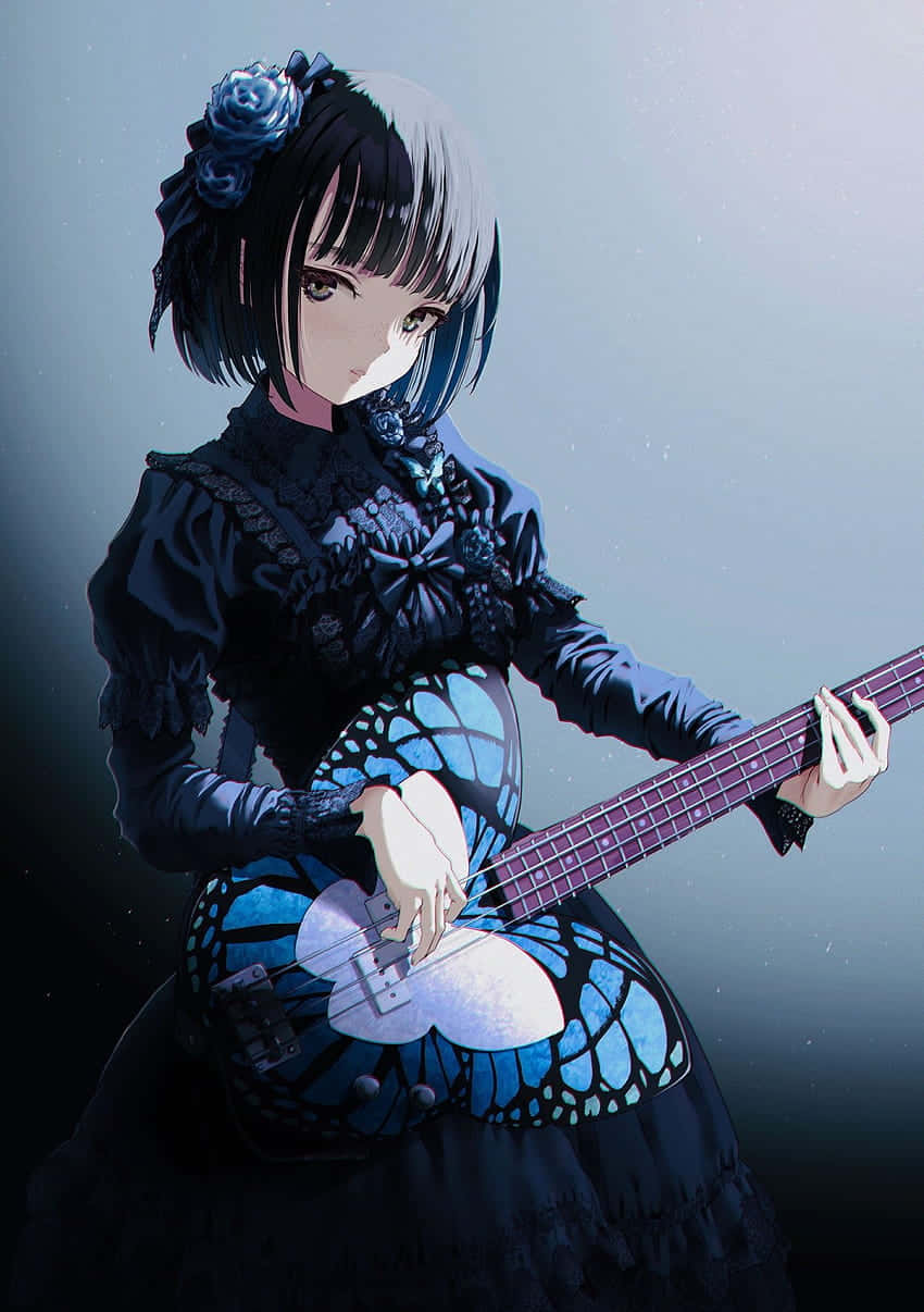 Caption: Goth Anime Girl With Butterfly Guitar Background