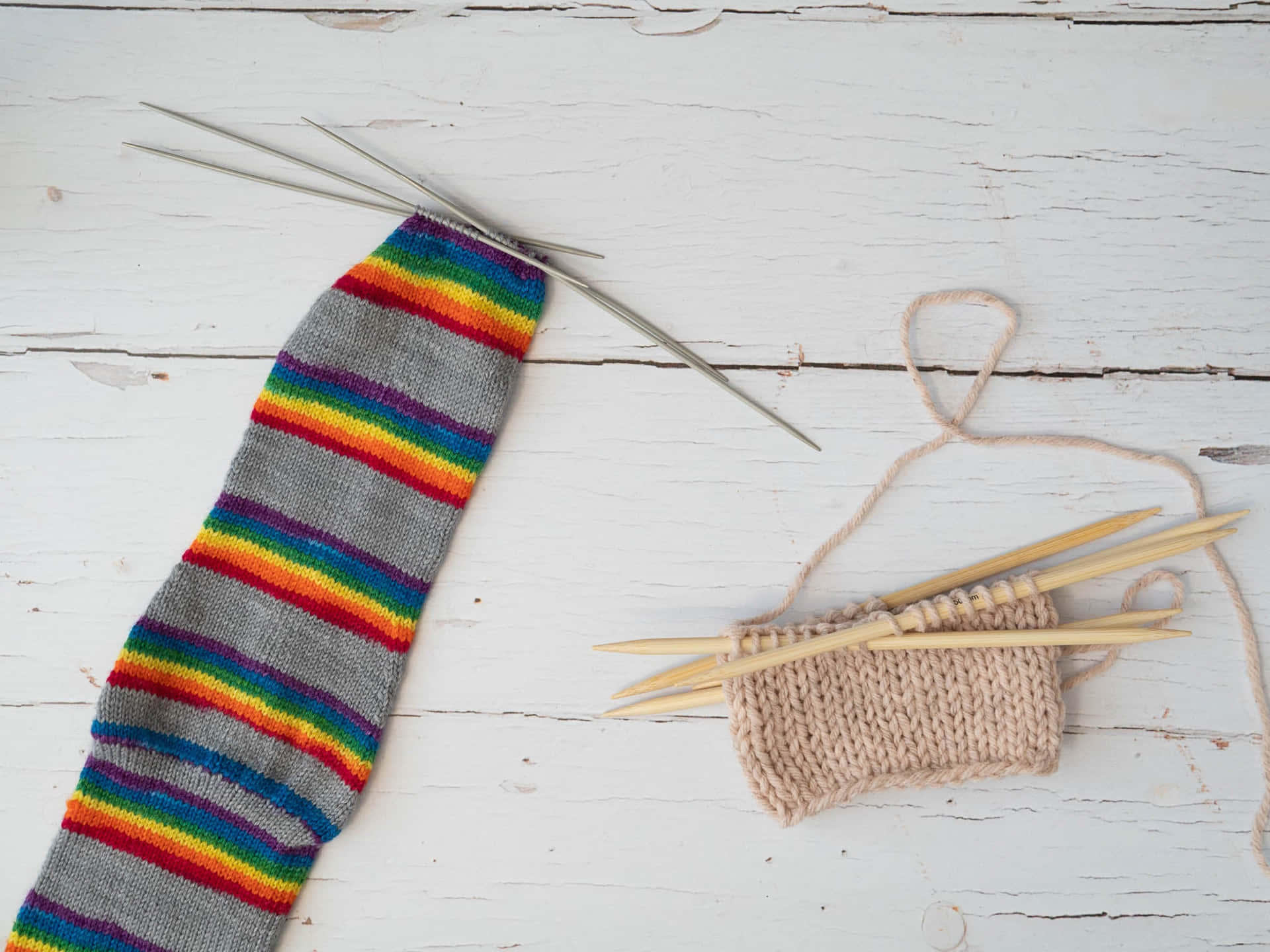 Caption: Handcrafted Knitted Sock On The Needle