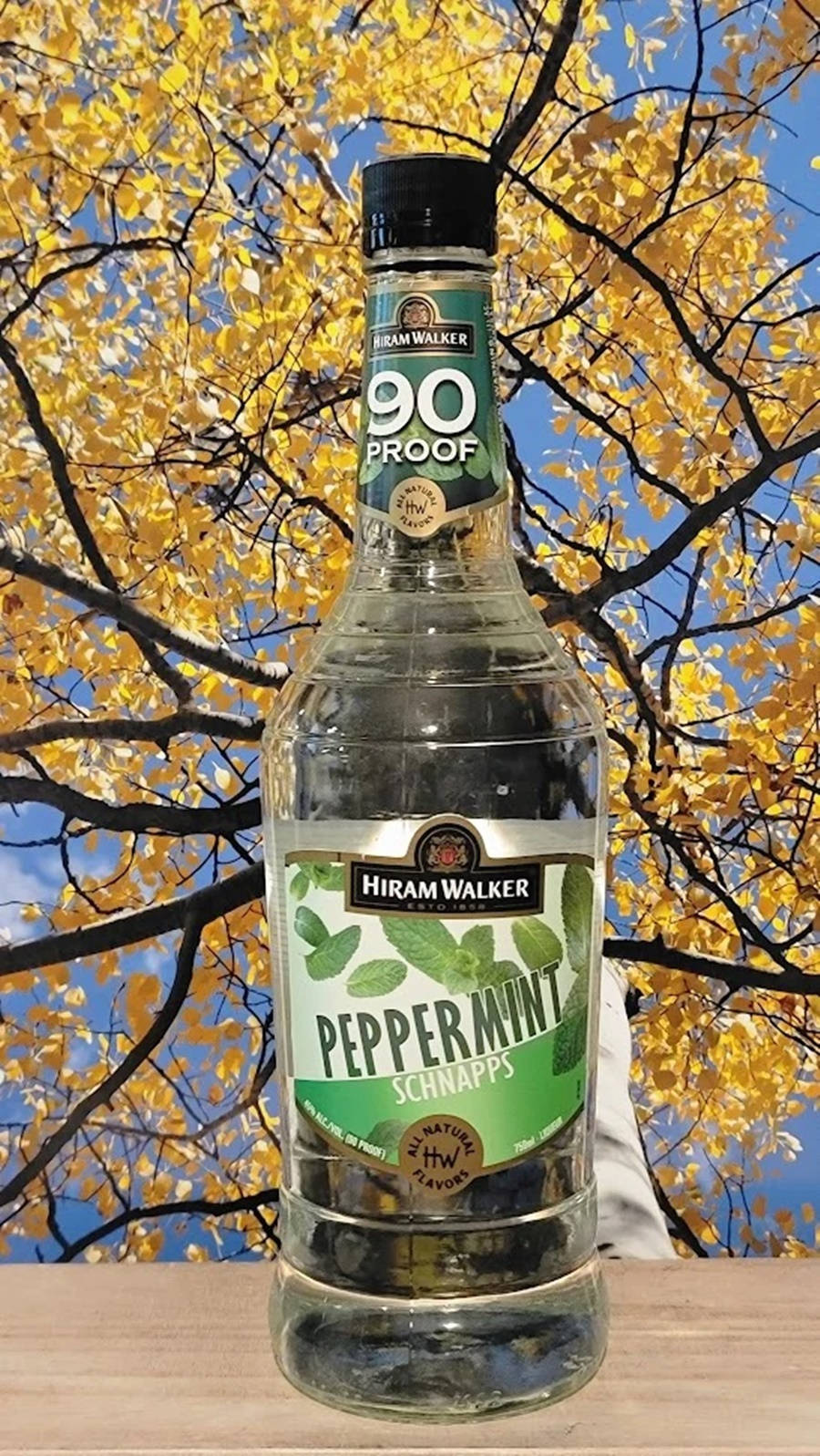 Caption: Hiram Walker's Peppermint Flavored Schnapps Liqueur In A Detailed Photograph.