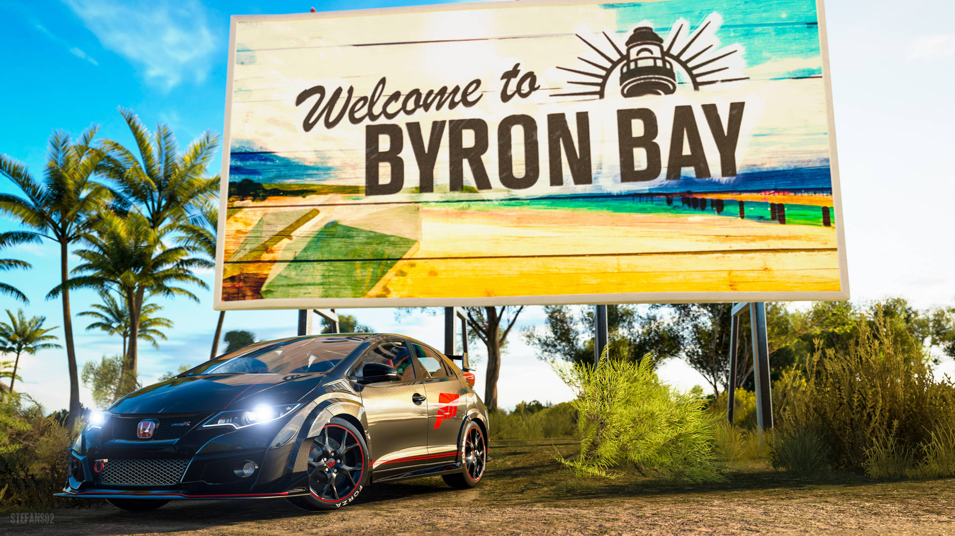 Caption: Iconic Byron Bay Sign Capture In Forza Horizon Gaming World Background