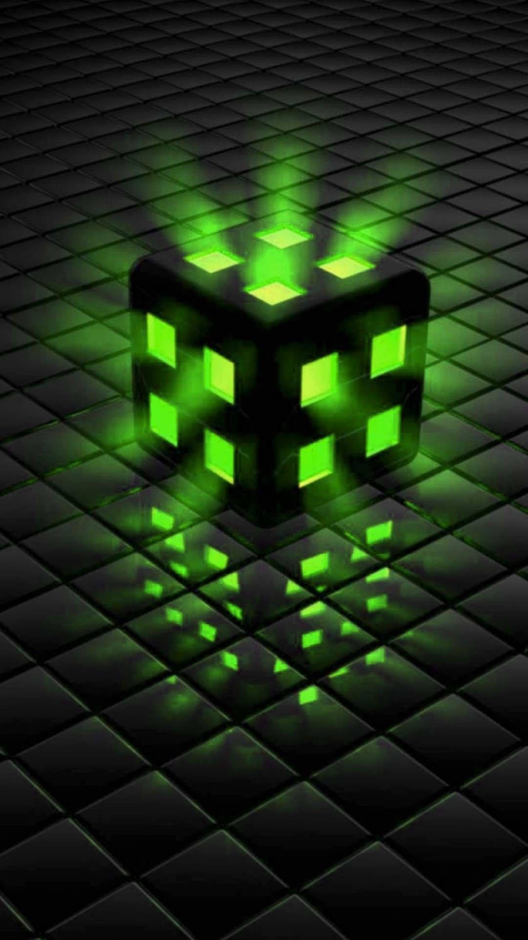 Caption: Illuminated Green Rubik's Cube