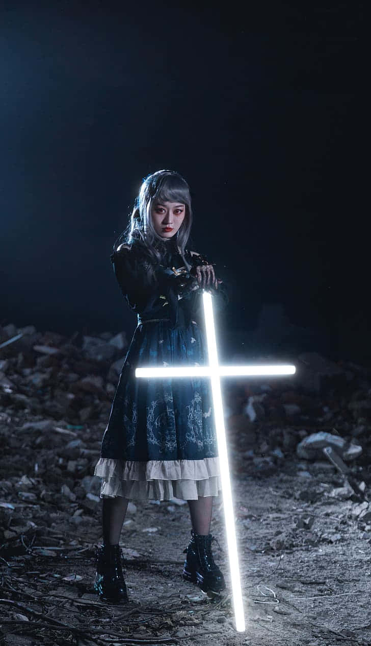 Caption: Illuminated Neon Cross Against A Dark Background Background