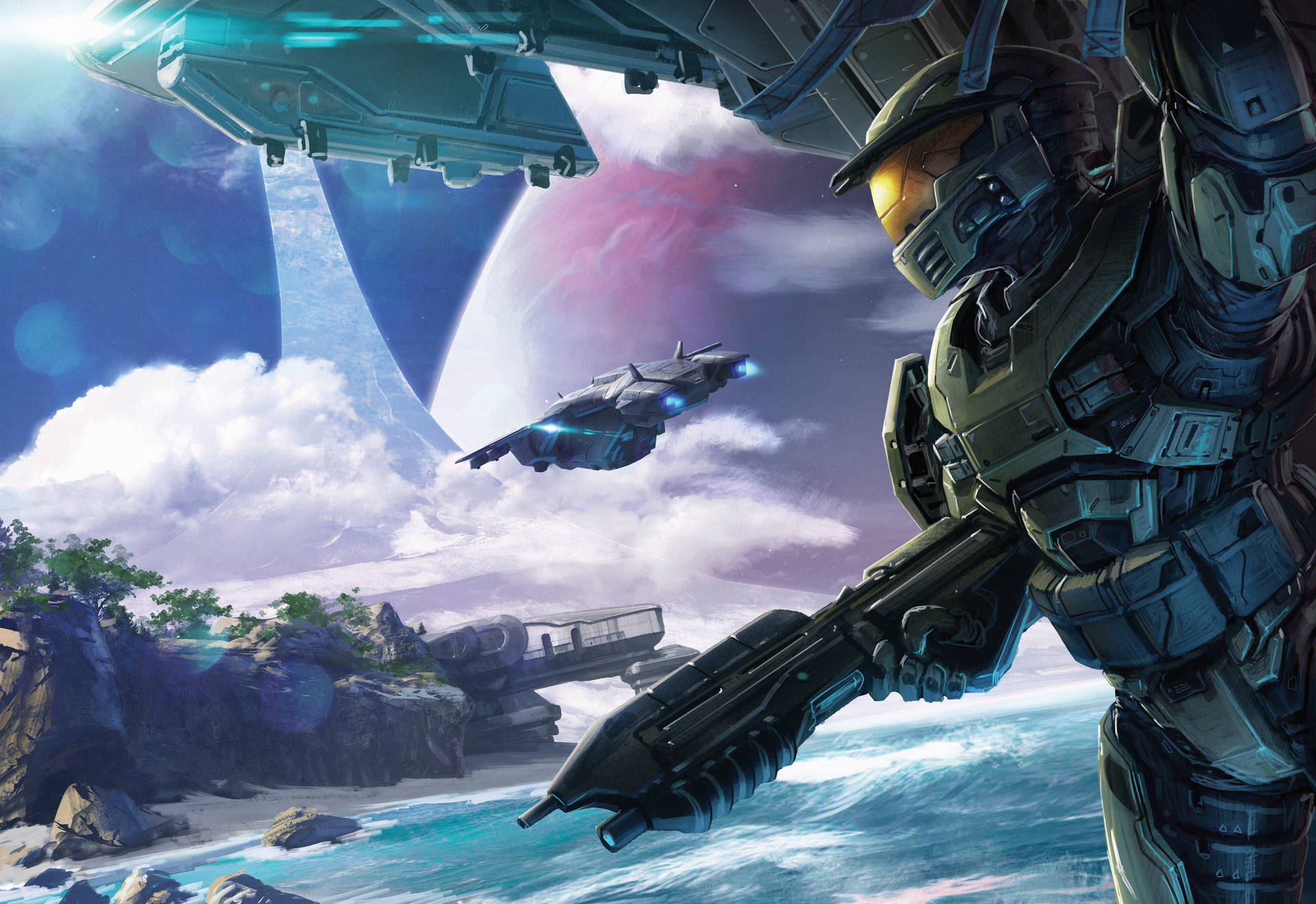 Caption: Intense 3d Gaming Action With The Iconic Halo Master Chief Background