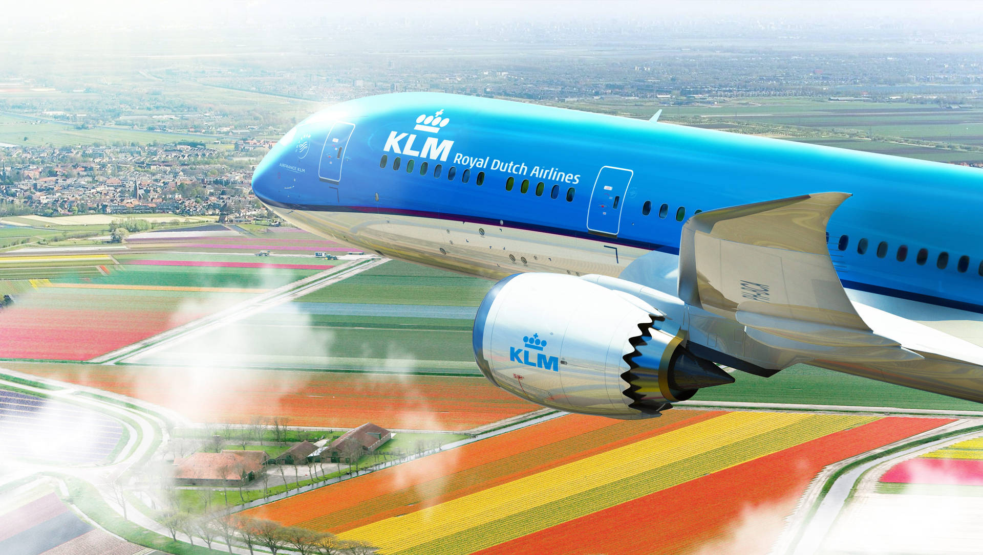 Caption: Klm Airplane Soaring Above A Picturesque Farm Field Background