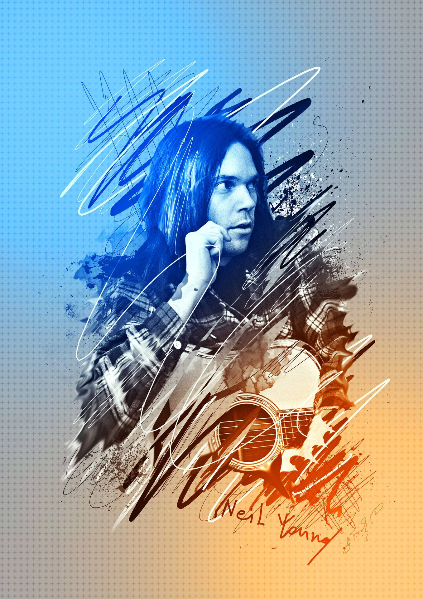 Caption: Legendary Canadian Singer Neil Young In Digital Art Form Background