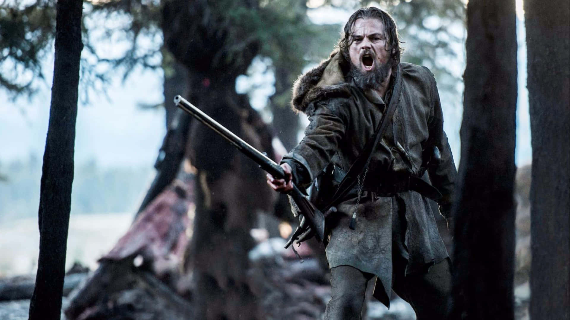 Caption: Leonardo Dicaprio In The Revenant Under A Wintry Sky Background