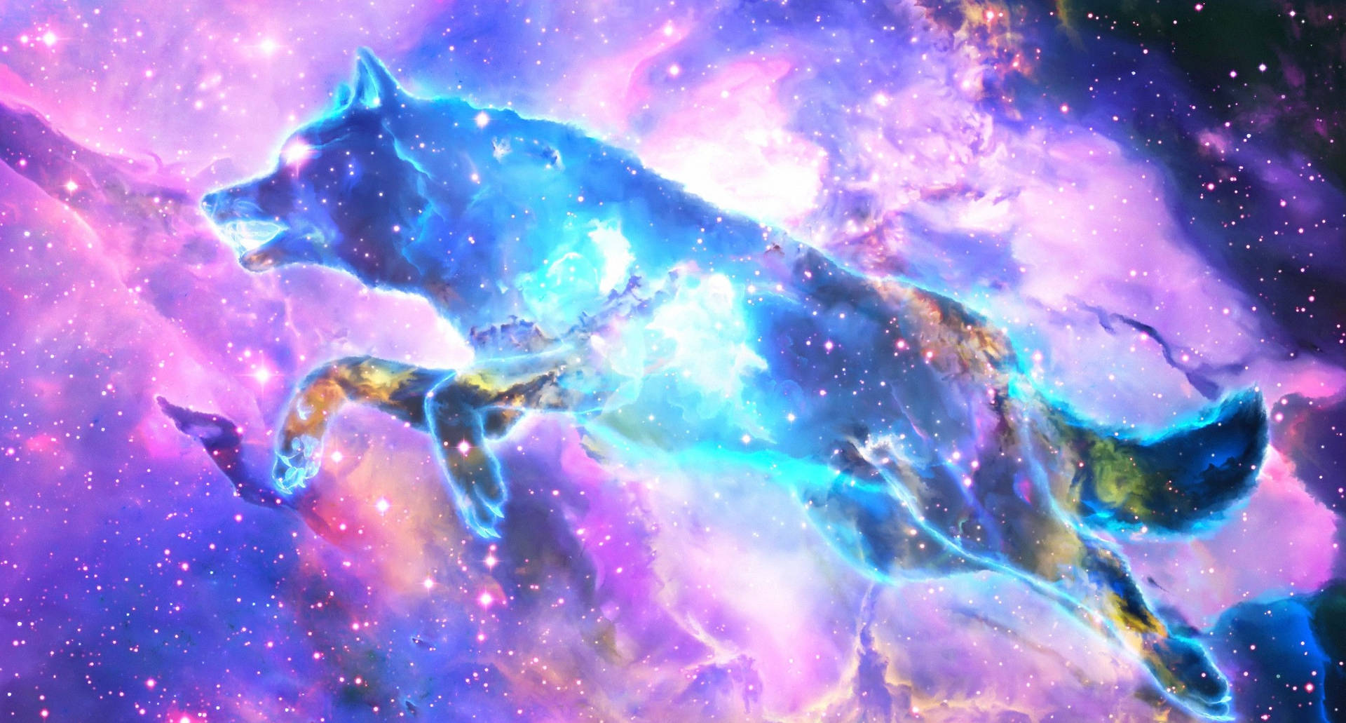 Caption: Majestic Galaxy Wolf - A Mystical Journey Through The Cosmos