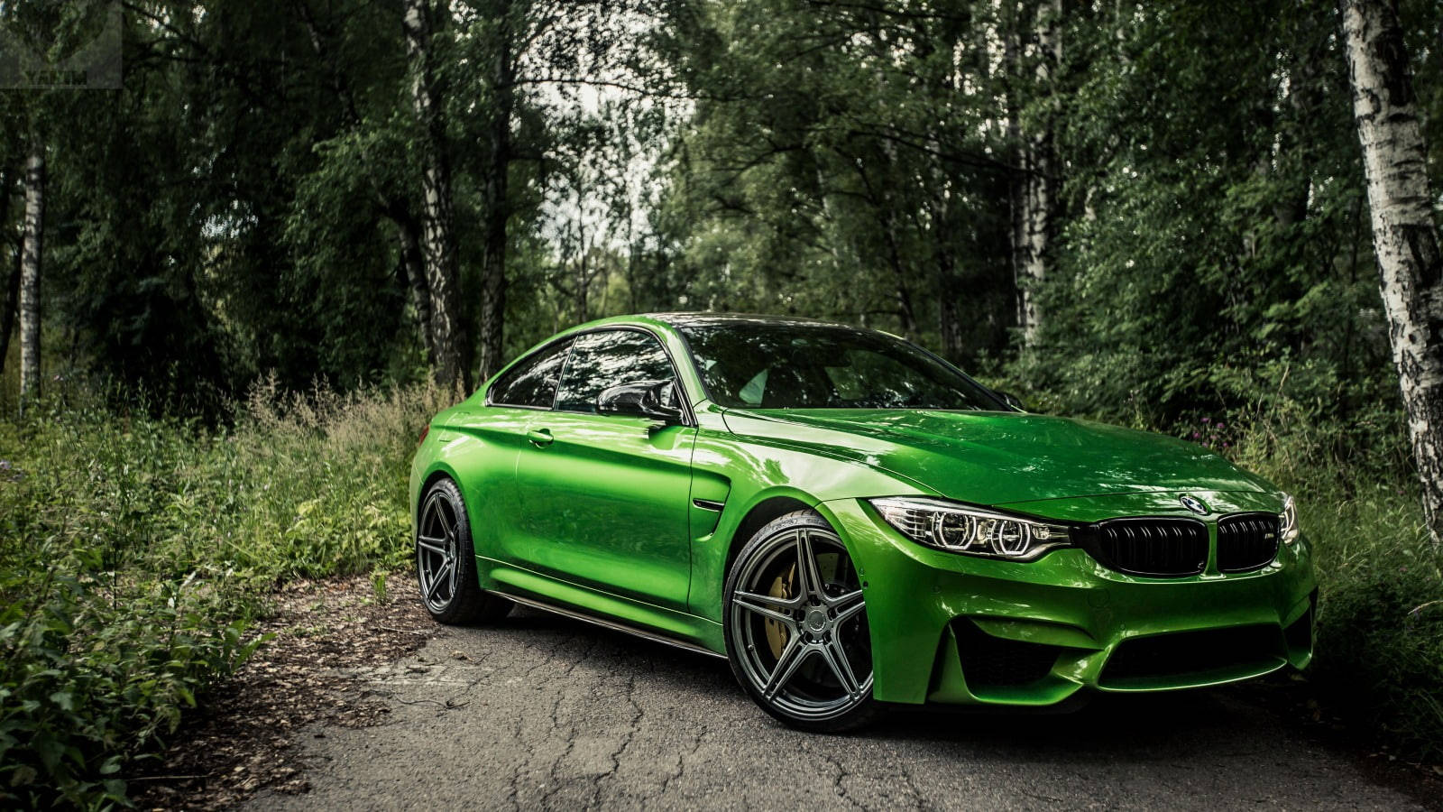 Caption: Majestic Green Bmw M4 Roaring Through The Forest Background