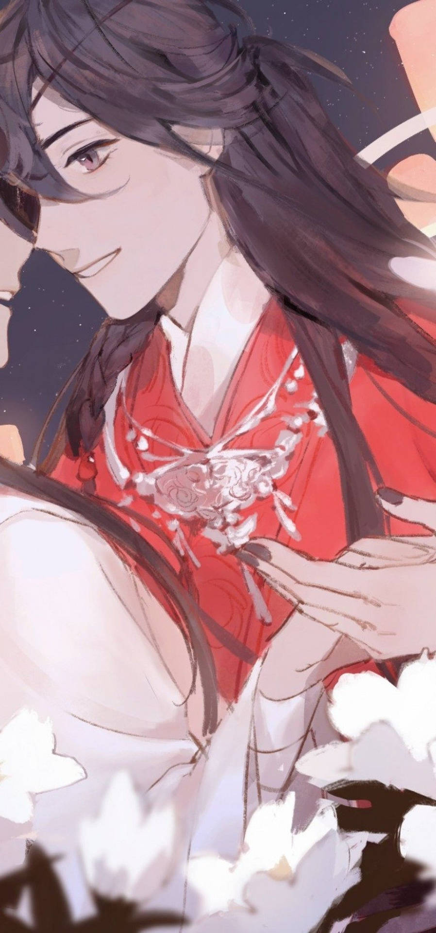 Caption: Majestic Hua Cheng In Red Aesthetic Background