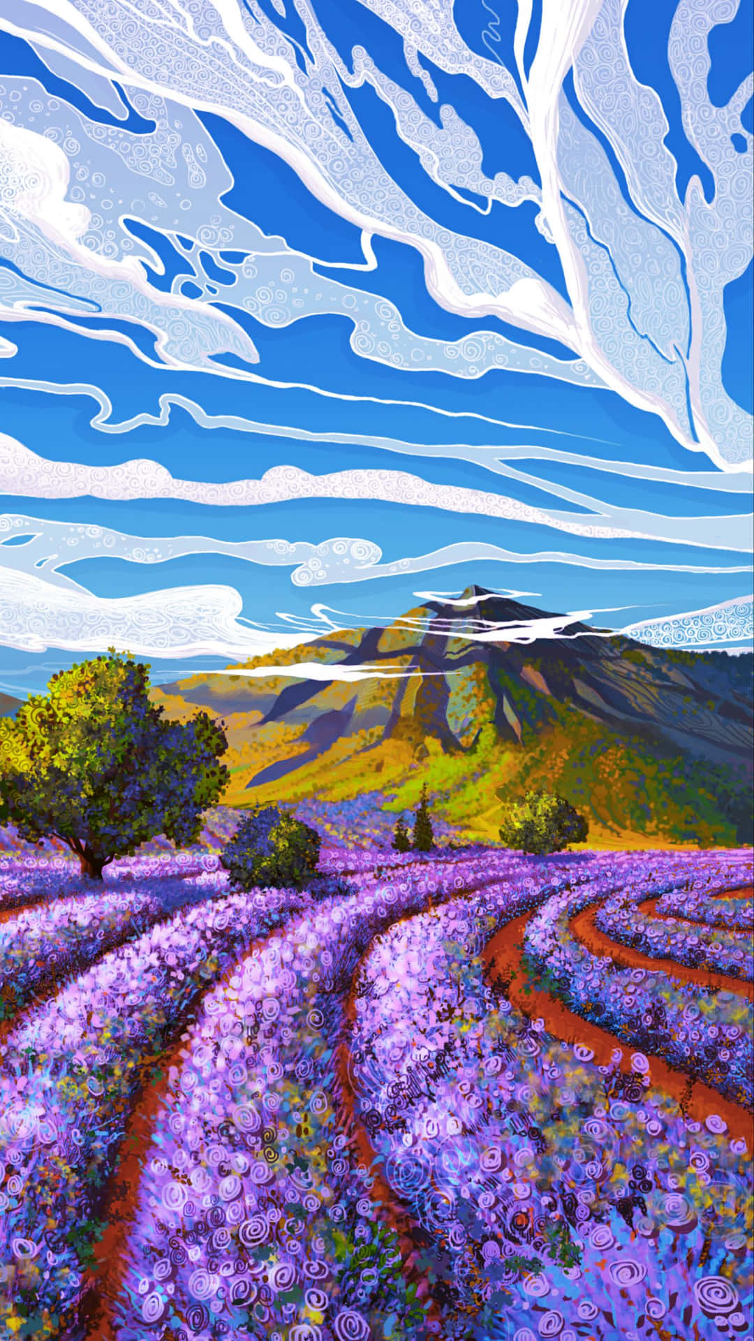 Caption: Majestic Lavender Field Blooming Under The Blue Sky Background