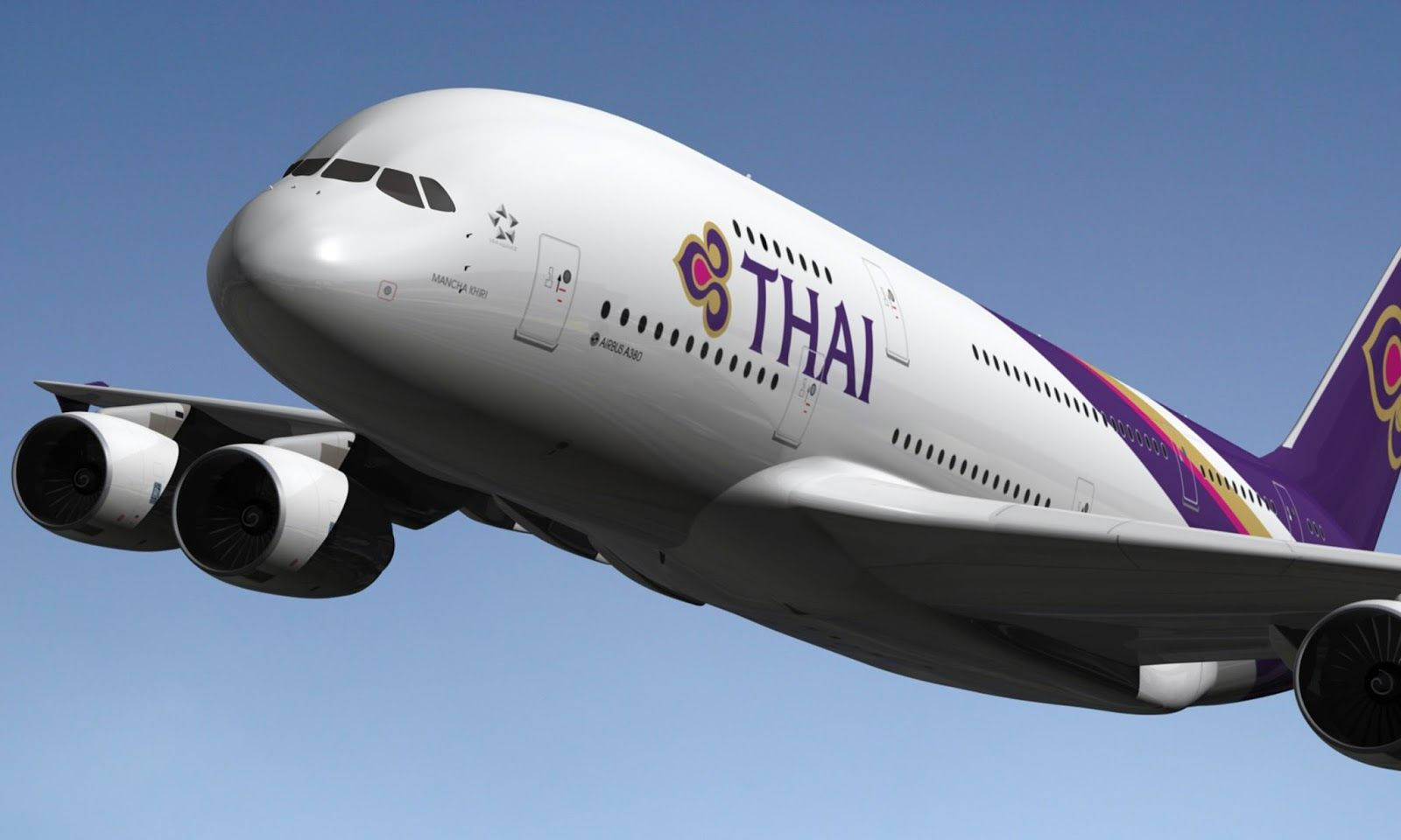 Caption: Majestic Thai Airways Plane Mid-flight Background