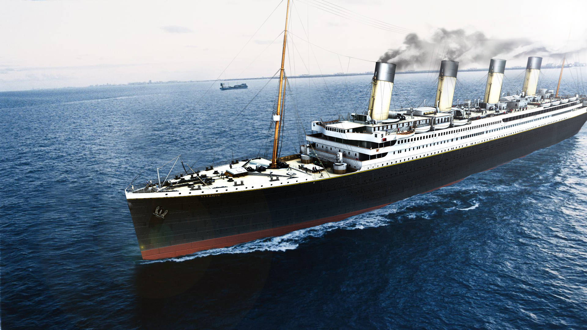 Caption: Majestic Titanic Sailing Under Starlit Skies Background