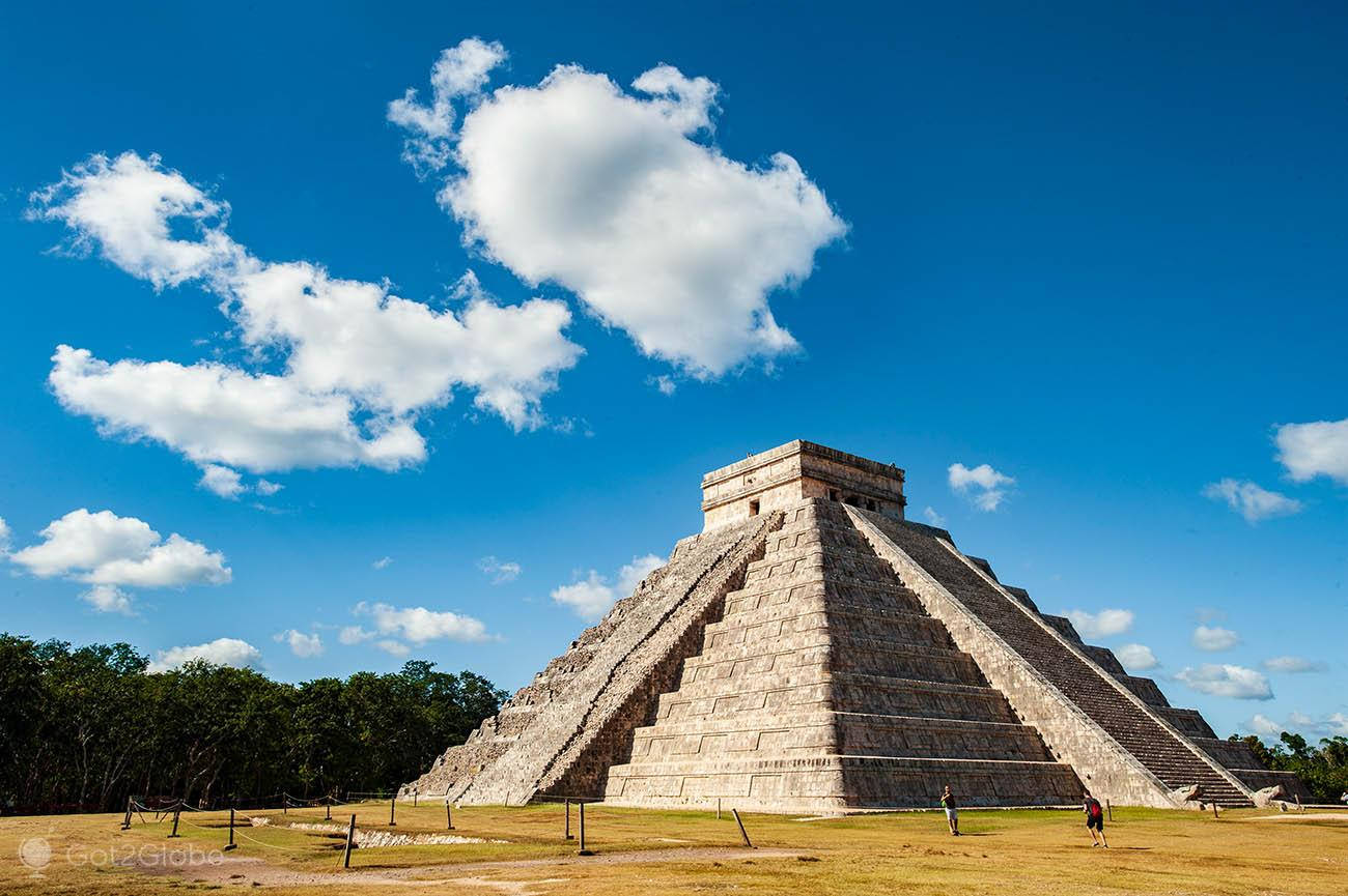 Caption: Majestic View Of The Chichen Itza Pyramid At Sunset Background